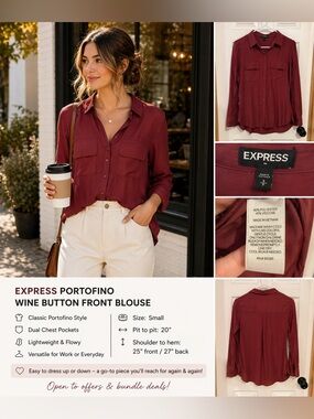 421 Express Portofino Wine Button Front Blouse Small Flowy Career Top